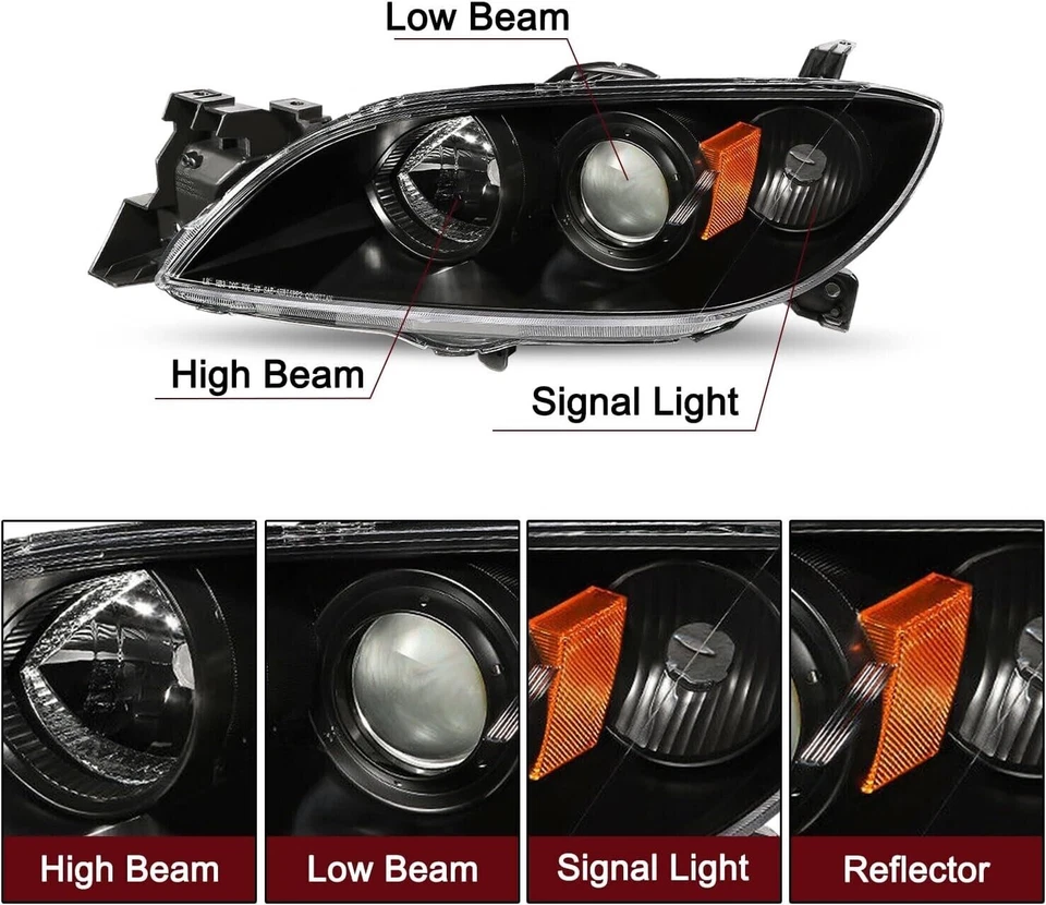 Черные фары 2004-2009 годов выпуска подходят для седана Mazda 3 галогенные прожекторы фары левая + правая - Изображение 2 из 4