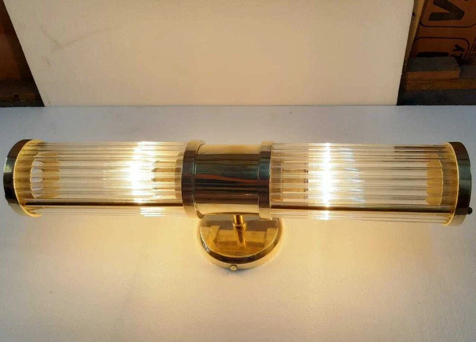 Antique Old Vintage Art Deco Brass & Glass Rod Ship Light Wall Sconces Lamp - Image 3 of 4