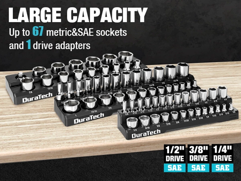DURATECH 3PC Magnetic Socket Organizer Set 1/4" 3/8" 1/2"Drive SAE Socket Holder - Image 2 of 4