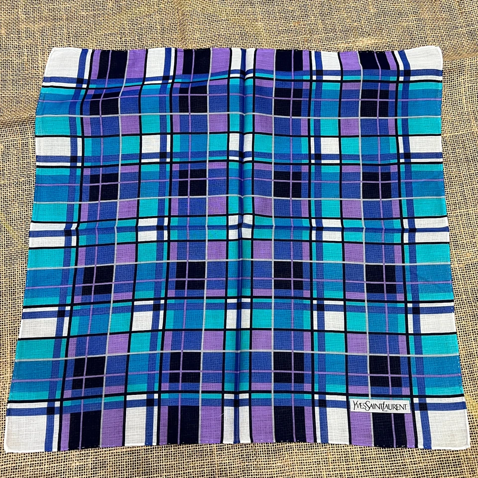 CLASSIC ART GREEN PURPLE MAN PLAID & CHECKS HANKY VTG COTTON POCKET SQUARE 18" - Image 3 of 3
