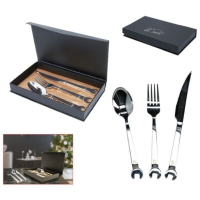 Wrench Cutlery Set 3pc Spoon Fork Knife Gift Box by KS Tools 11100 