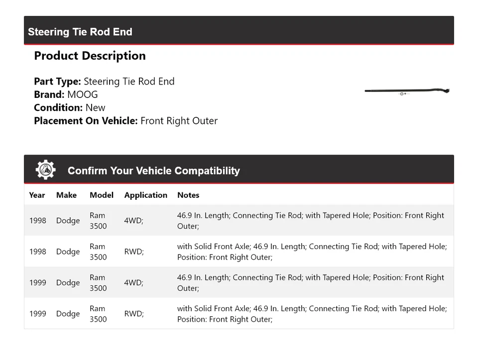 Extremo de barra de dirección exterior delantero derecho MOOG para Dodge Ram 3500 1998-1999 Foto 2 de 4