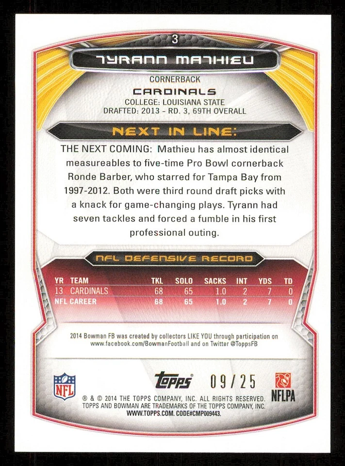 2014 Bowman Rainbow Red #V3 Tyrann Mathieu /25 - Image 2 of 2