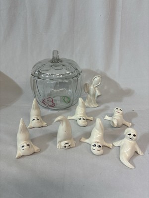 Ceramic Ghosts Set of  8 Vintage 1970s Hand Painted Halloween Adorable Shimmery