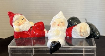 Three Miniature Vintage Sleeping Santa Pixie Elf Figurines