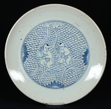Antiker China Porzellan Teller blau-weiß Knabenmotiv späte Qing-Zeit 19. Jh.