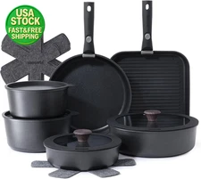 17 Piece Nonstick Cookware Set Detachable Handle Induction Oven Safe Black