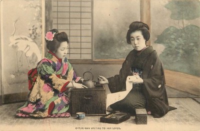 Hand Colored Postcard Japanese Woman O-Yuki-San Writing To Her Lover