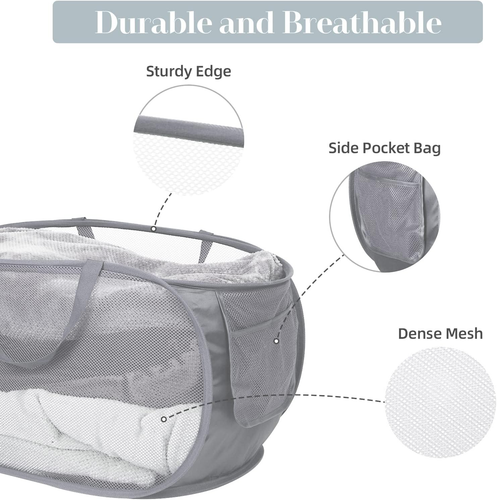 Collapsible Mesh Laundry Basket, Foldable Clothes Hamper, Grey, with Side Pocket - Picture 4 of 6