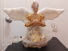 Angel Christmas Tree Topper Gold Dress White Feathers Light Weight