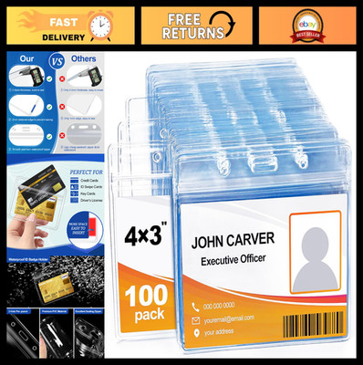 100 Pcs Extra Thick Clear Plastic Horizontal Card Holders, Waterproof ID Badge P