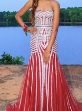 Red Silver Strapless Formal Gown with Sequin Detailing Evening Dress Sequins