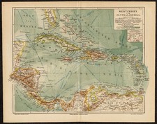 Carte chromolithique ancienne historique originale 1890 des Antilles et de l'Amérique centrale