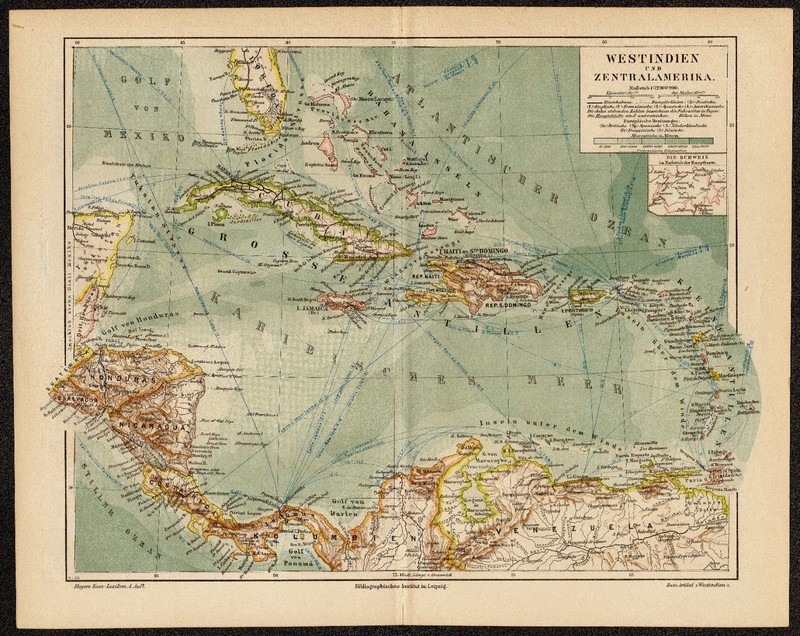 1890 Original Historic Antique Chromolitho Map of West Indies & Central America