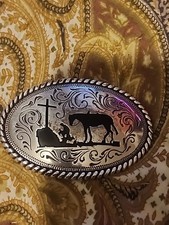 Nocona -Man Kneeling At Cross With Horse- Silver Belt Buckle