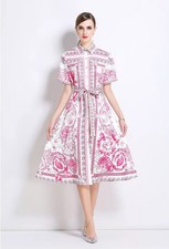 Vestito Camicia Floreale Rosa Cintura Elegante Svasato Chic Cerimonia CF60004