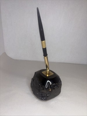 Vtg Gold Tone Pen & Holder w large Rough & Polished Black Anthracite Coal Base