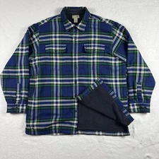 LL Bean Flannel Shirt Shacket Mens XL Plaid Blue Green Button Up Fleece Lined