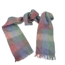 St Albans Pure Mohair Plaid Scarf Pink Green Blue Fringe Made Australia