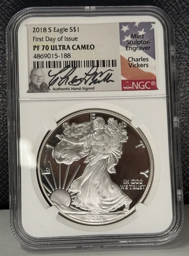 2018-S Proof Silver Eagle NGC PF 70 Ultra Cameo Charles Vickers Signature