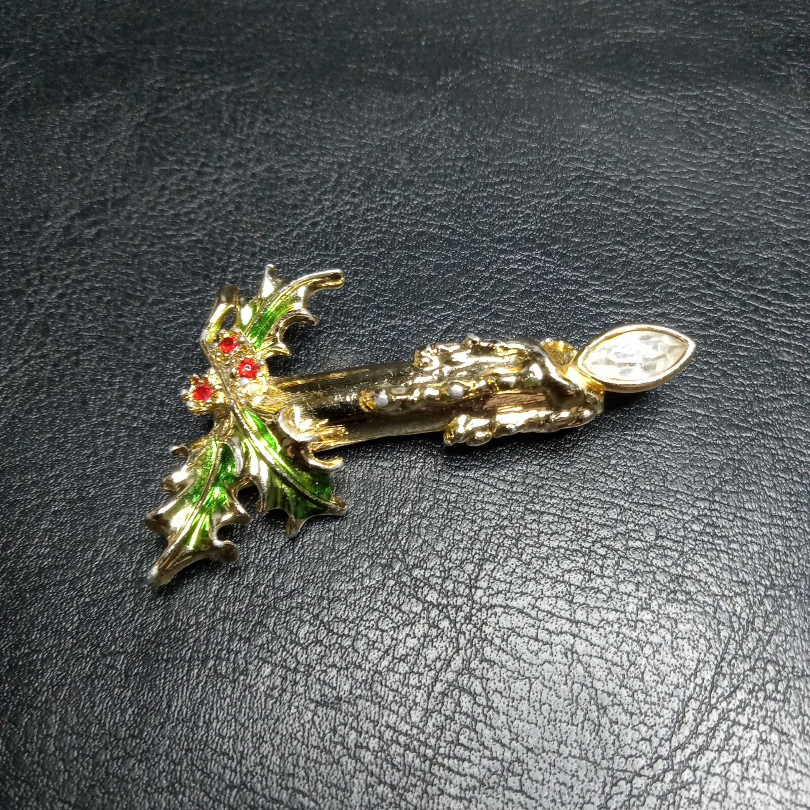 Vintage ANCER Christmas Candle Pin Brooch Red Rhinestone Enamel. 9755