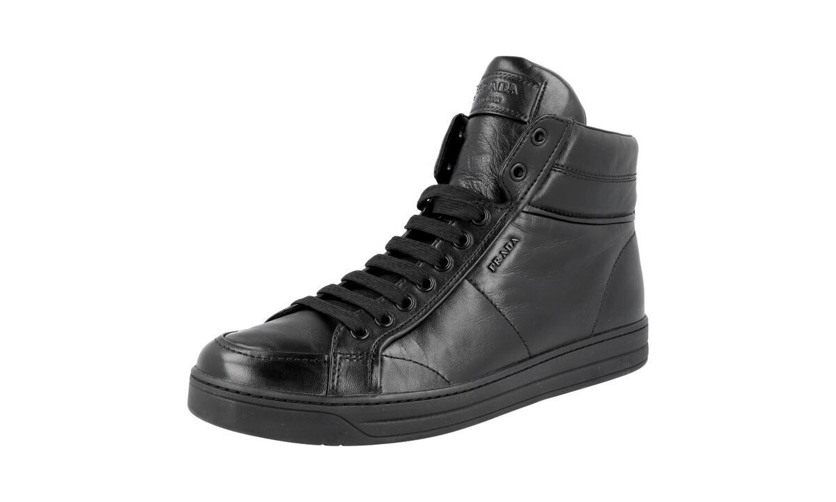 PRADA DOWNTOWN HIGH-TOP SNEAKERS SHOES SOLID BLACK LEATHER PRADA DOWNTOWN HIGH-TOP SNEAKERS SHOES SOLID BLACK LEATHER