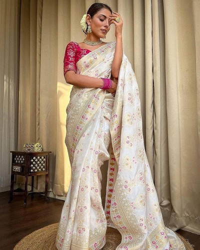 Damen Kanjivaram weiche Seide Banarasi Sari mit Blusenteil, weiß - Bild 3 von 6