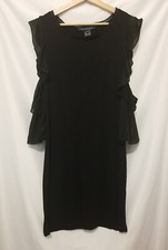 French Connection Ruffle Jersey Dress Women Sz 4 Black Cold Shoulder 3/4 Sleeve