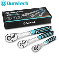 DURATECH 3PC Ratchet Set 1/4" 3/8" 1/2" Drive Ratchet Handle Reversible 90-Tooth