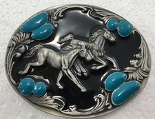 Siskiyou Two Horses Belt Buckle Pewter Black Enamel Blue Stones J-7 1994