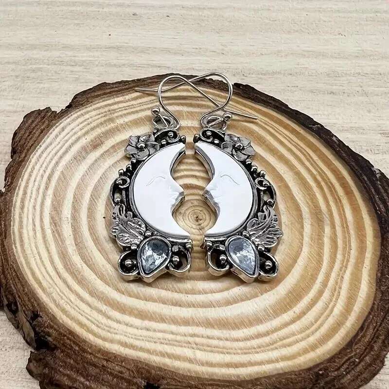 Fashion Women Retro Moon Face Flower Leaf Decor Dangle Silver Plated Earrings - Image 3 of 4