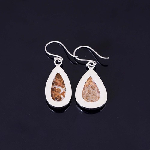 Coral Fossil Gemstone Handmade 925 Sterling Silver Jewelry Earring For Women - Picture 3 of 3