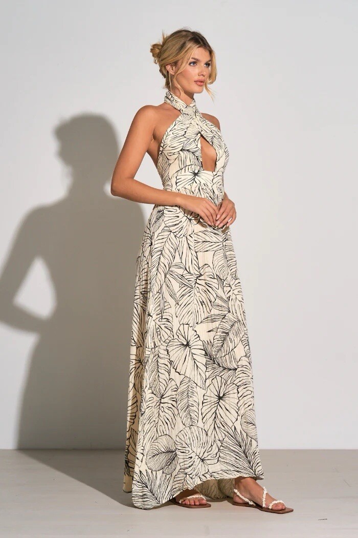 ELAN Organic Textured Gauze Criss Cross Halter Maxi Dress M White Black  Tropical | eBay