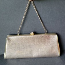Vintage Gold Metallic Clutch w/ Green Trim Faux Pearl Clasp and Chain