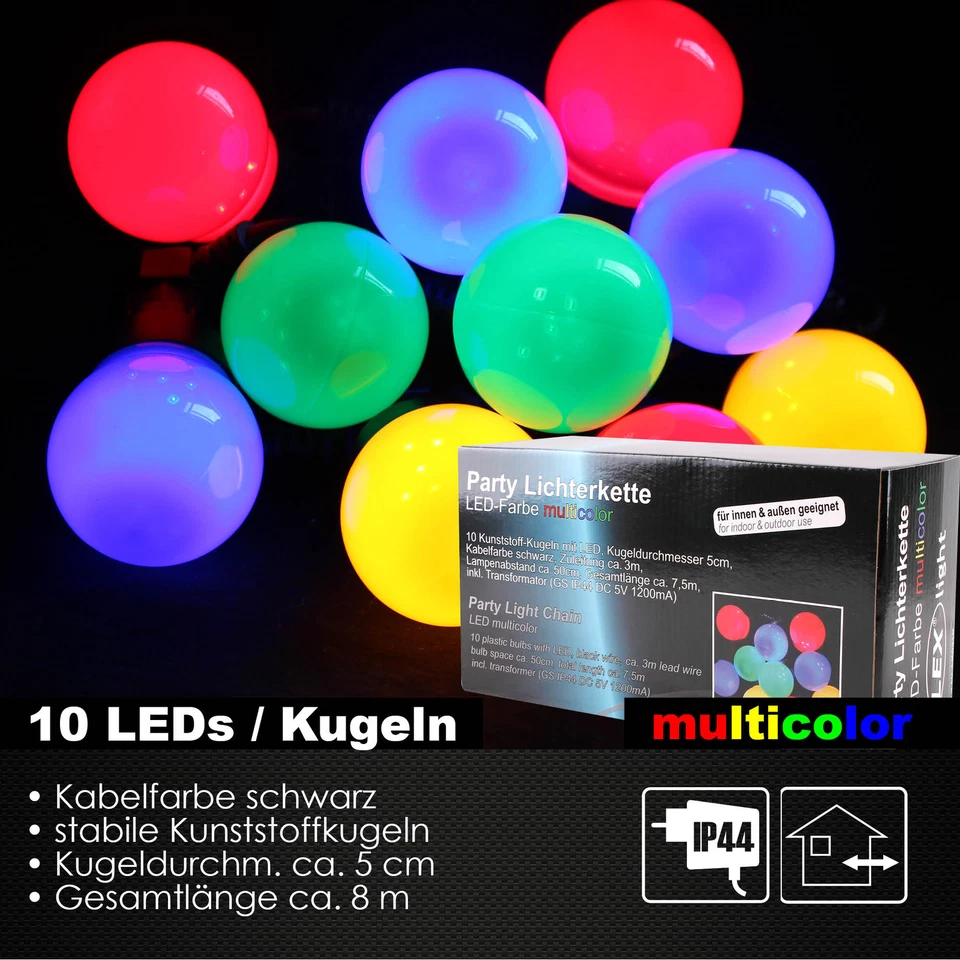 LED Partylichterkette Kugellichterkette Innen Außen Garten 10/20LED Kugeln bunt - Bild 2 von 3
