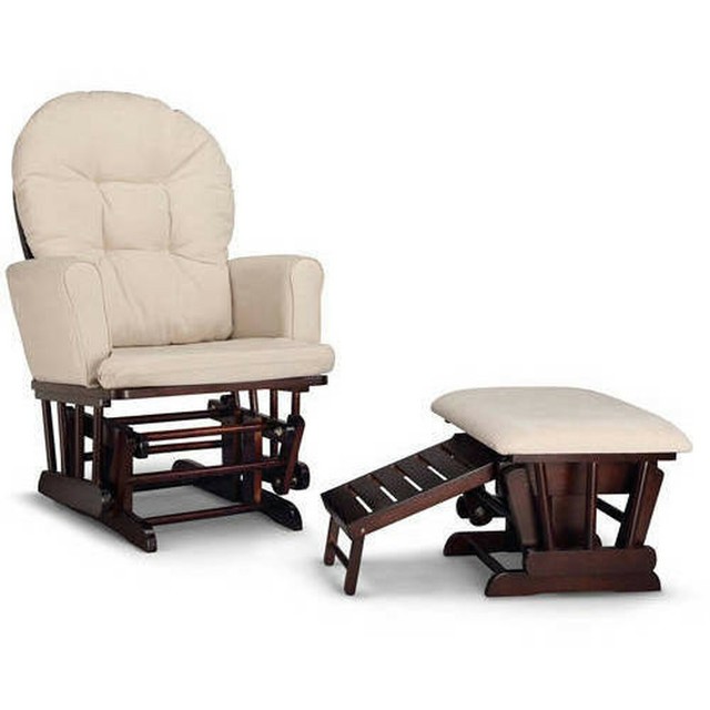 angel line windsor glider and ottoman espresso finish and beige cushions