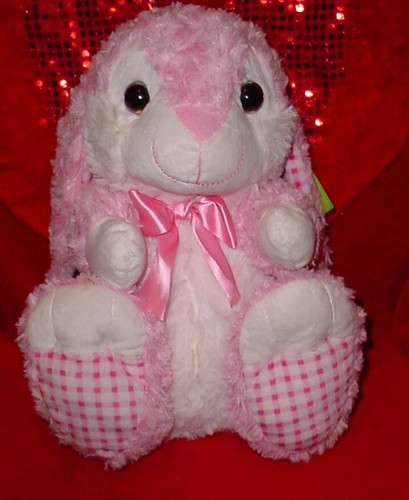 PINK/WHITE CHECK  BUNNY *BIG EYES * PINK NOSE *LONG EARS* PINK BOW * NEW * CUTE - Bild 1 von 3