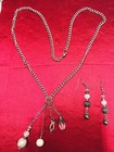 Vintage Style Handmade Necklace Earring Set 30” Silver Tone Silver & Pearl Charm