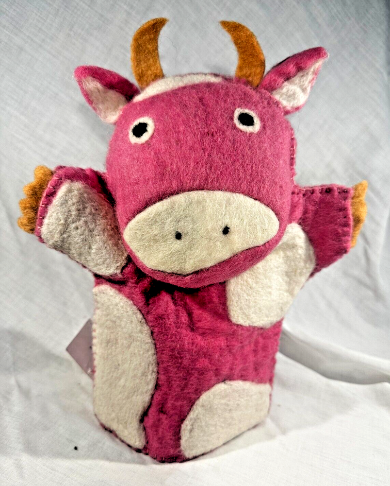 NEW 100% Wool Glove Puppet - Hand Made in Nepal - Felted Pink Spotted Cow - 2010
