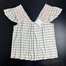 DR2 Women's Size XL Striped Flutter Sleeve Top Pink Embroidered Ribbed Knit NWT