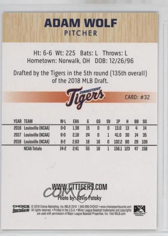 2018 Choice Connecticut Tigers Adam Wolf #32 - Image 2 of 2