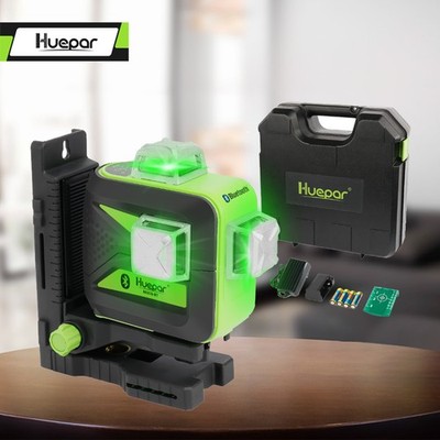 Huepar 3x360° Green Cross Line Lazer Level Tool with Bluetooth & Hard Case