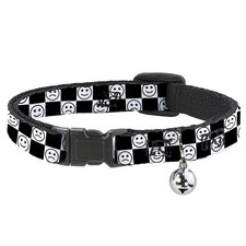 Cat Collar Breakaway with Bell Smiley Sad Face Checker Black/White NARROW Fits 8