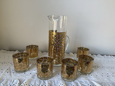 #ad #ad Mid Century 22k Gold Mosaic Pitcher amp; Set Of 6 low ball glasses hard to find $150.00