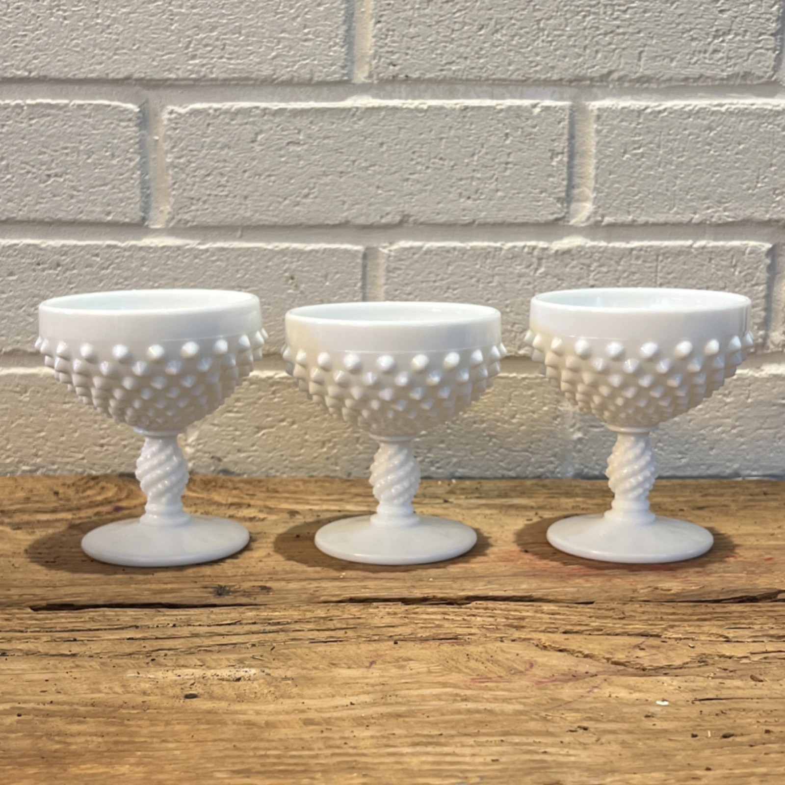 Vintage White Milk Glass Hobnail Goblets Set of 3 Twisted Stem Drinkware