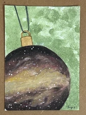 ACEO Original Watercolor Painting Art Galaxy Ornament Christmas Tree Gold