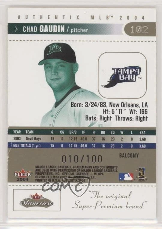 2004 Fleer Authentix Ticket to the Majors Balcony /100 Chad Gaudin #102 - Image 2 of 2
