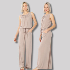 Women's Ash Mocha Sleeveless Jumpsuit Pleated Top Pockets One Piece Pants Set
