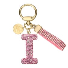 Initial Letter Keychain Cute Letter-I Sparkly Rhinestone Key Chain Charm Pink