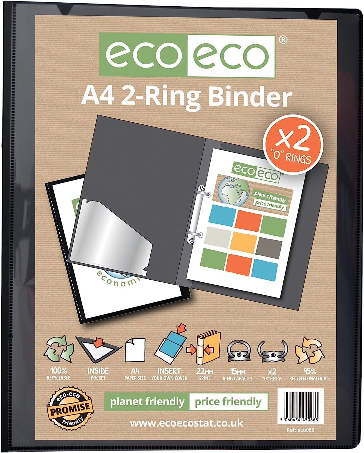 eco eco A4 2 Ring Binder 22mm Spine Black X 2 95% Recycled